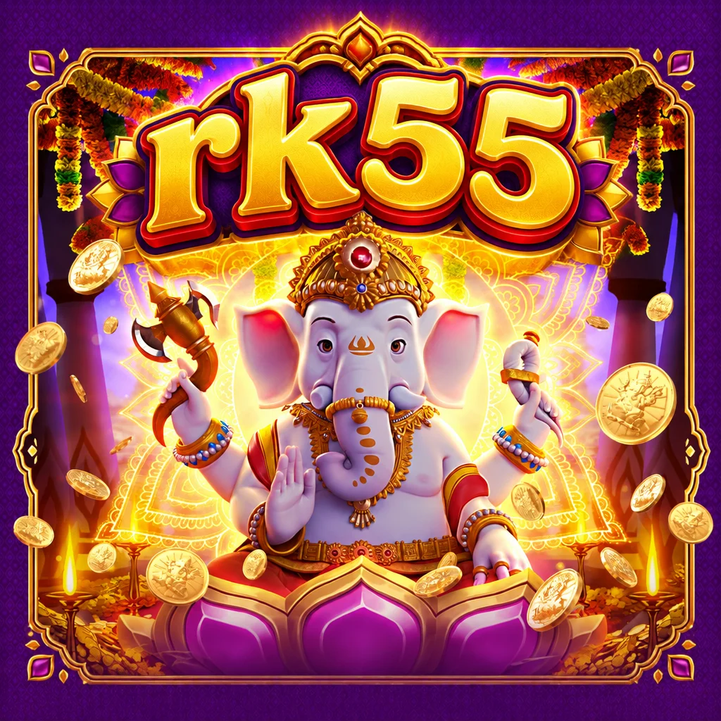 rk55 menyajikan visual Ganesha Gold berlatar ornamen bunga dan koin emas